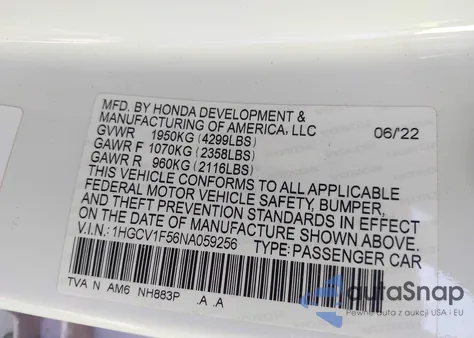 2022 Honda Accord Ex-L из США, поврежденный, VIN 1HGCV1F56NA059256